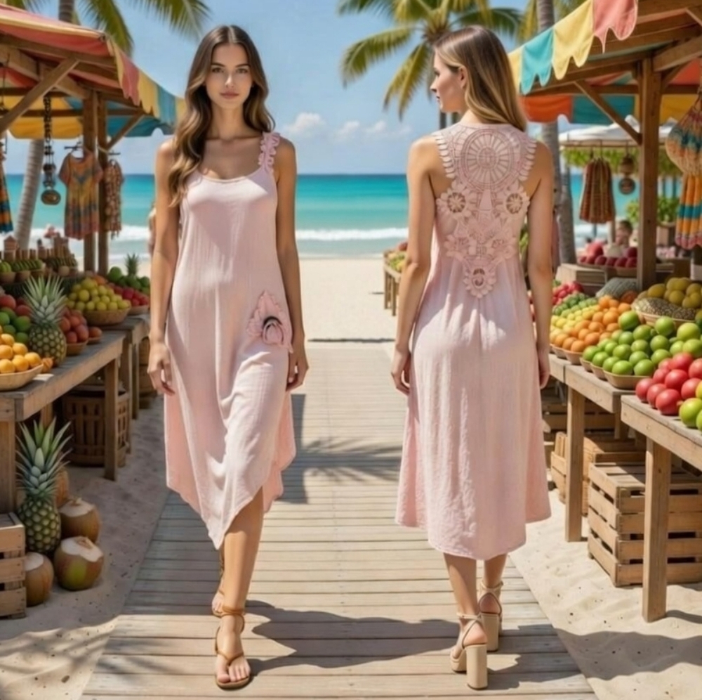 Salmon Pink Crochet Dress Floral Open Back Asymmetrical Slit Hem Summer Boho